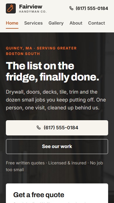 The Fairview Handyman demo site on a phone